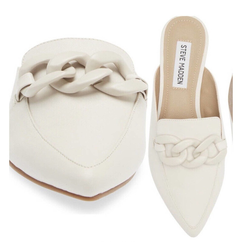 Steve Madden Size 6.5 Fleur Mule Slip On Shoes Flat Buckle Chain Leather Cream